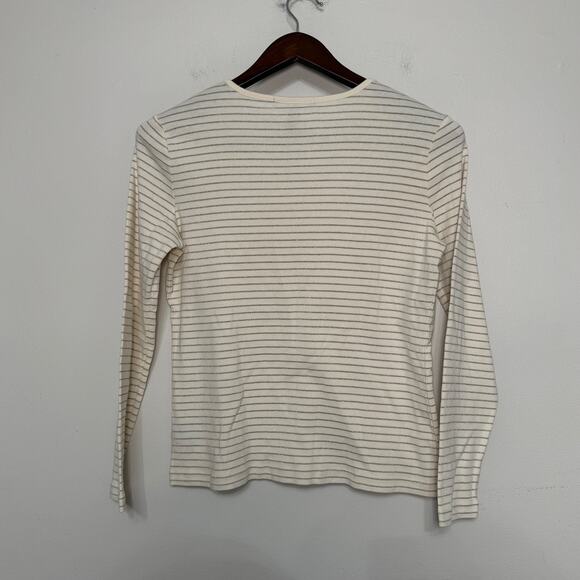 LRL Ralph Lauren Womens Medium Cream Gold Stripe Long Sleeve Henley Top Classic - Picture 2 of 9
